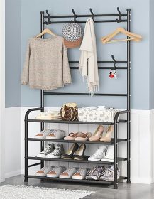 Shoe Rack Freestanding Shoe Organizer with Hooks for Entryway Bedroom Closet, 4 Tier Black