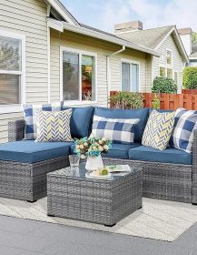 Shintenchi 3 Pieces Patio Furniture Set,All-Weather Rattan Patio Conversation Set,Outdoor Sectional Silver Wicker Patio Couch with Washable Cushions and Glass Coffee Table(Navy Blue)