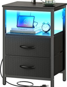 Huuger Night Stand with Charger Station and LED Lights, 2 Drawer Nightstand, Bed Side Table with Open Shelf, End Table, Fabric Dresser for Bedroom, Black