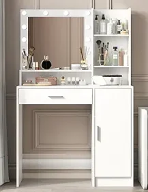 Vanity Desk with Mirror and Light, Large Drawer and Three Level Storage Dresser, 3 Lighting Modes Adjustable Brightness, Bedroom Dressing Table (White)