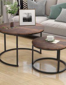 Industrial Round Coffee Table Set of 2 End Table for Living Room,Stacking Side Tables, Sturdy and Easy Assembly,Wood Look Accent Furniture with Metal Frame,Black+Rustic Brown