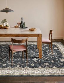 Boho Dining Room Rugs for Under Table - 6x9 Washable Black Area Rug For Living Room, Low Pile Non-Slip Rugs for Bedroom, Office - Charming Farmhouse Decor & Stain Resistance (6x9 Black/Multi)