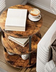 Small Round End Table - 3 Tier Design Accent Table, Narrow Side or Bedside Stand, Industrial Vintage Nightstand for Bedroom, Living Room, or Small Spaces, Rustic Brown