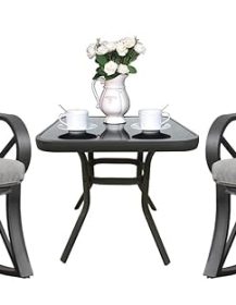 COSIEST 3 Piece Bistro Set Patio Rocking Chairs Outdoor Furniture w Warm Gray Cushions, Glass-Top Table for Garden, Pool, Backyard