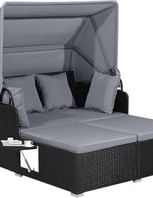 Salches Outdoor Rattan Daybed with Retractable Canopy, High-Resilient Soft Cushions, Foldable Side Trays, Outdoor Bed Loveseat for Garden, Backyard, Porch (Gray)