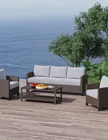 RoyalCraft Outdoor Patio Furniture Set, 4 Piece Outdoor Rattan Sofa Set, All Weather Wicker Conversation Set with Coffee Table for Porch Backyard Garden, Grey