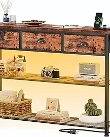 Furologee Console Table with Charging Station & 3 Fabric Drawers, 38'' Entryway Table with Storage Shelves and LED Light for Entry Way, Industrial Display Shelf for Hallway, Foyer, Rustic Brown