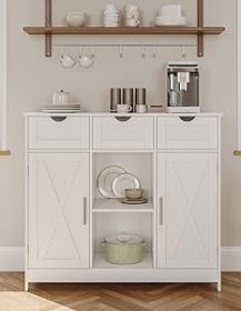 Storage Cabinet, Coffee Bar Cabinet with 2 Adjustable Shelves, 3 Drawers, and 2 Doors, for Bathroom, Kitchen, Living Room (White)