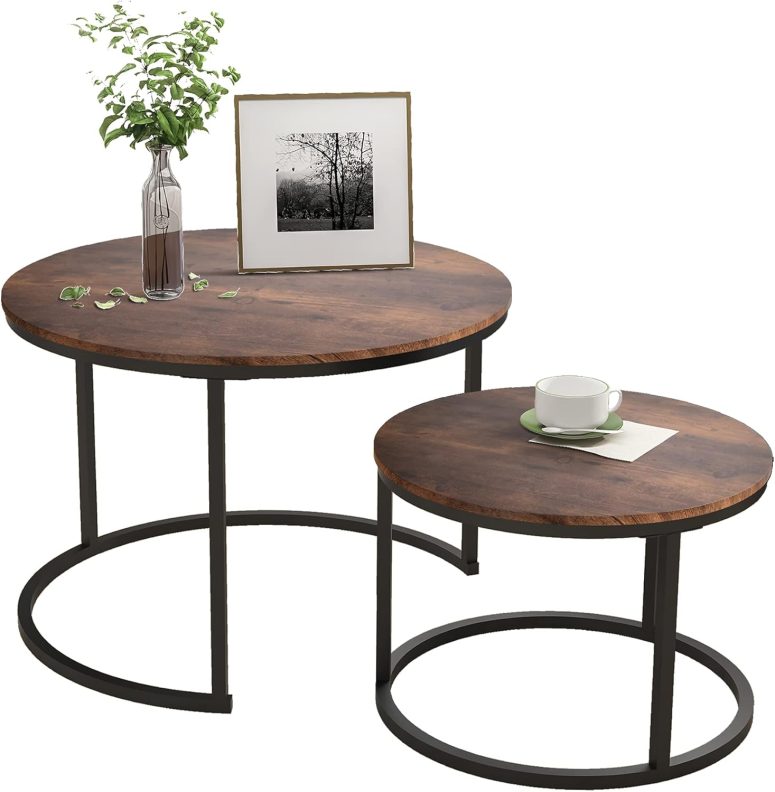 Industrial Round Coffee Table Set of 2 End Table for Living Room,Stacking Side Tables, Sturdy and Easy Assembly,Wood Look Accent Furniture with Metal Frame,Black+Rustic Brown - Image 5