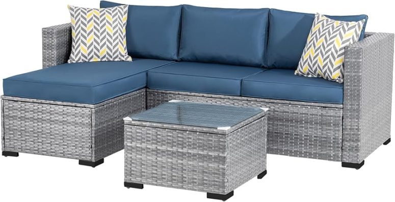 Shintenchi 3 Pieces Patio Furniture Set,All-Weather Rattan Patio Conversation Set,Outdoor Sectional Silver Wicker Patio Couch with Washable Cushions and Glass Coffee Table(Navy Blue) - Image 4