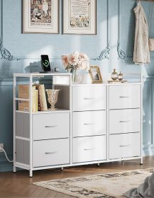 WLIVE White Dresser TV Stand for Bedroom with Charging Station and Open Shelves, Fabric Dresser with 8 Drawers and Wood Top, Wide Storage Chest of Drawers for Living Room, Hallway